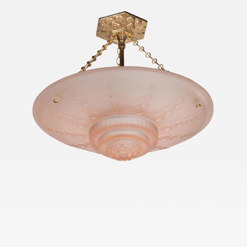Georges Leleu French Art Deco Inverted Dome Chandelier by Georges Leleu in Frosted Rose Glass