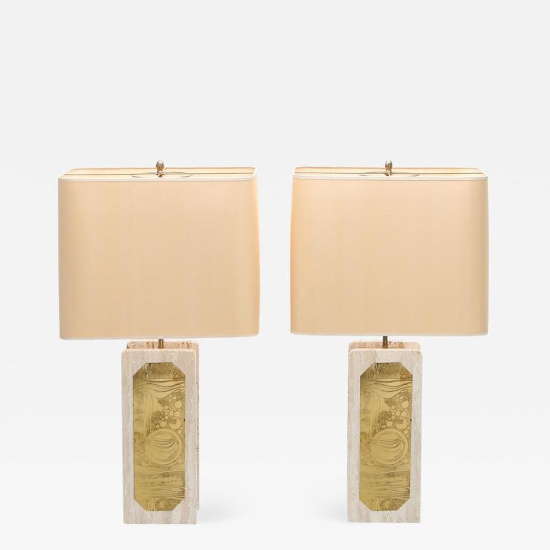 Georges Mathias George Matthias Pair of Brass Etched and Travertine Lamps 1970s