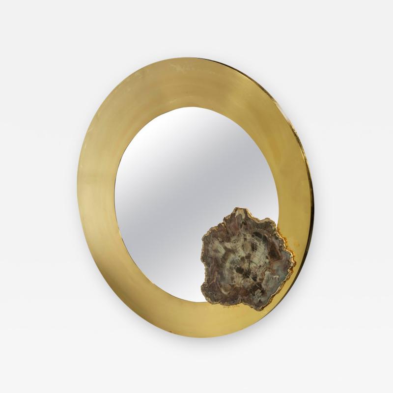 Georges Mathias Stylish acid etched brass and fossilized wood circular mirror by Georges Mathias