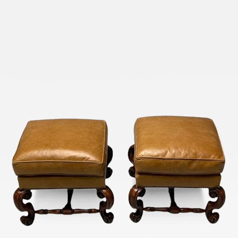 Georgian Cabriole Leg Ottomans Tan Leather Wood USA 2000s