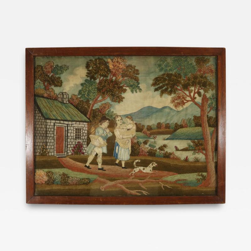 Georgian Embroidered Picture of a Family Country Scene