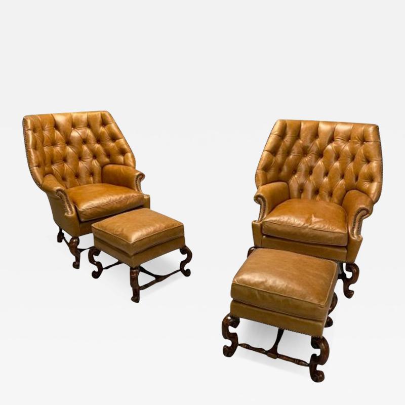 Georgian Large Tufted Lounge Chairs and Ottomans Tan Leather USA 2000s