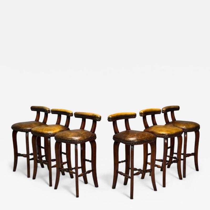 Georgian Style Distressed Brown Leather Stained Wood Six Bar Stools 20th C 