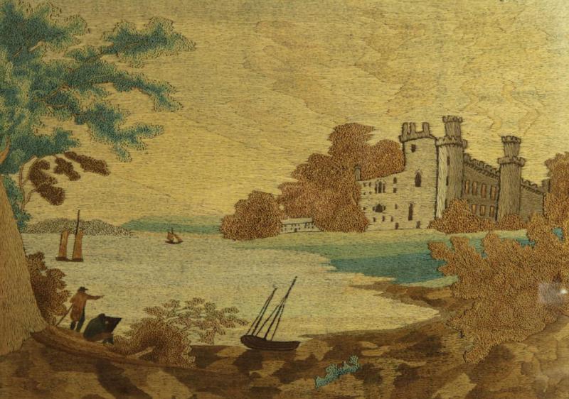 Georgian Woolwork Embroidered Picture Castle by a Lake