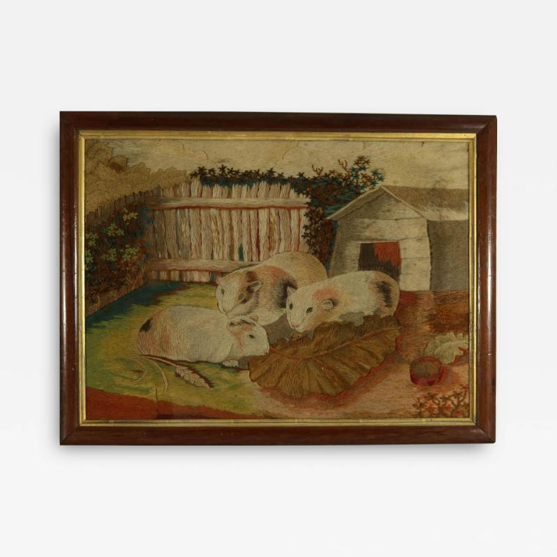 Georgian Woolwork Embroidered Picture of Guinea Pigs