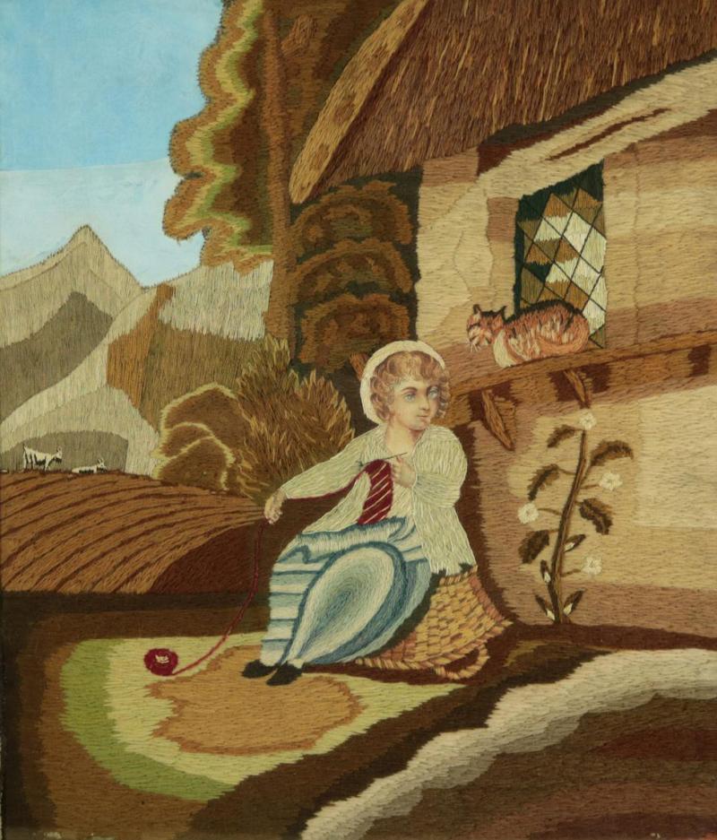 Georgian Woolwork Picture of Child Playing With Cat