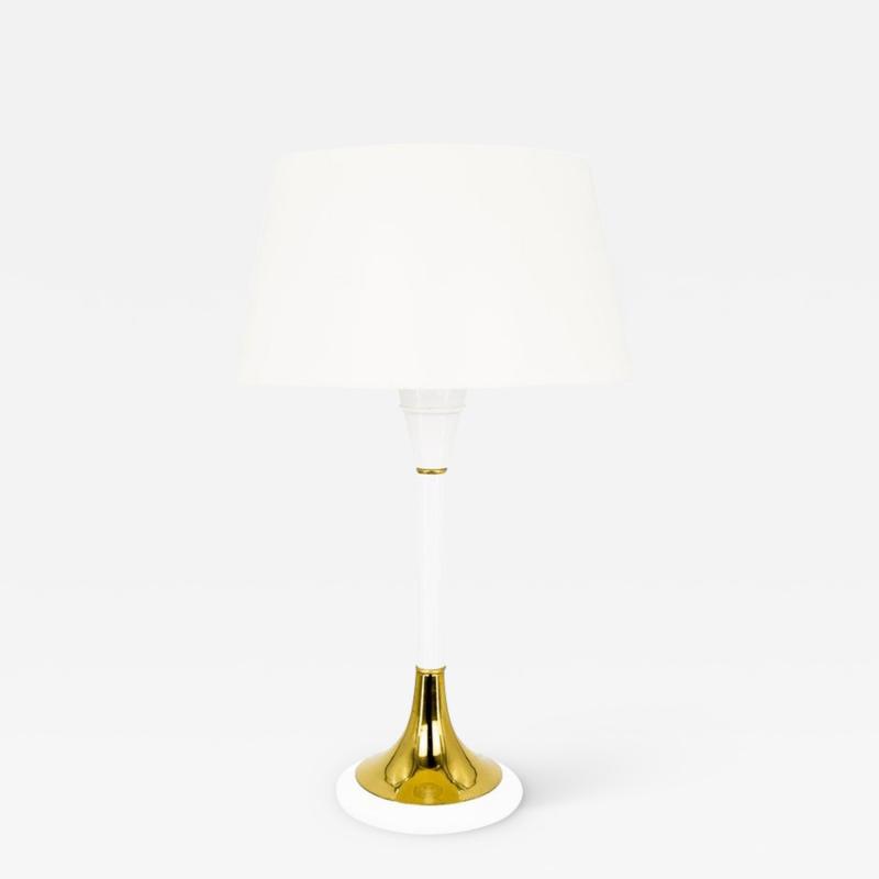 Gerald Thurston Mid Century White Aluminum and Brass Table Lamp with Original Shade and Dimmer