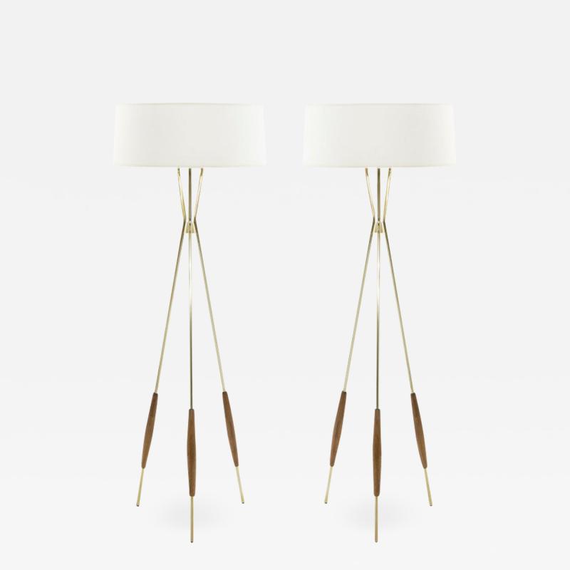 Gerald Thurston Pair of Brass and Walnut Tripod Floor Lamps by Gerald Thurston 1960s