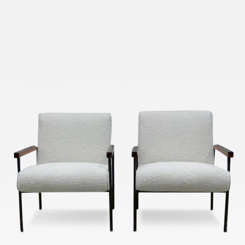 Geraldo de Barros Brazilian Modern Armchairs in Metal Hardwood Boucle Geraldo de Barros