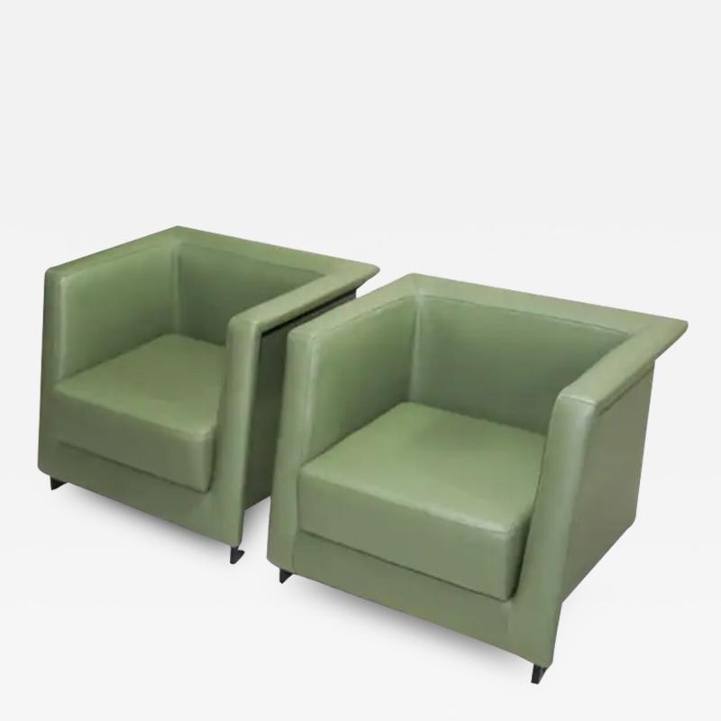 Geraldo de Barros Brazilian Modern Pair of Armchairs in Green Leather Geraldo de Barros c 1970s