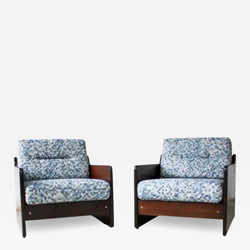 Geraldo de Barros Brazilian Modern Pair of Armchairs in Wood Fabric Geraldo de Barros 1970s