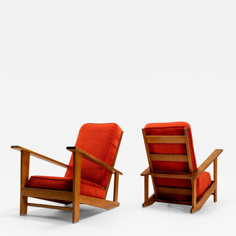 Gerard Adrianus van de Groenekan Dutch Lounge Chairs in Beech and Vermillion Upholstery Attr to Groenekan 1950s