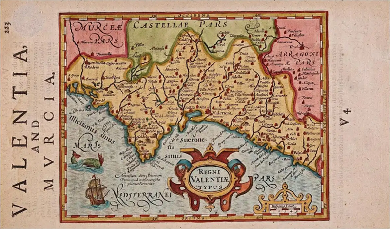 Gerard Mercator 17th Century Hand Colored Map of Valencia and Murcia Spain by Mercator Hondius