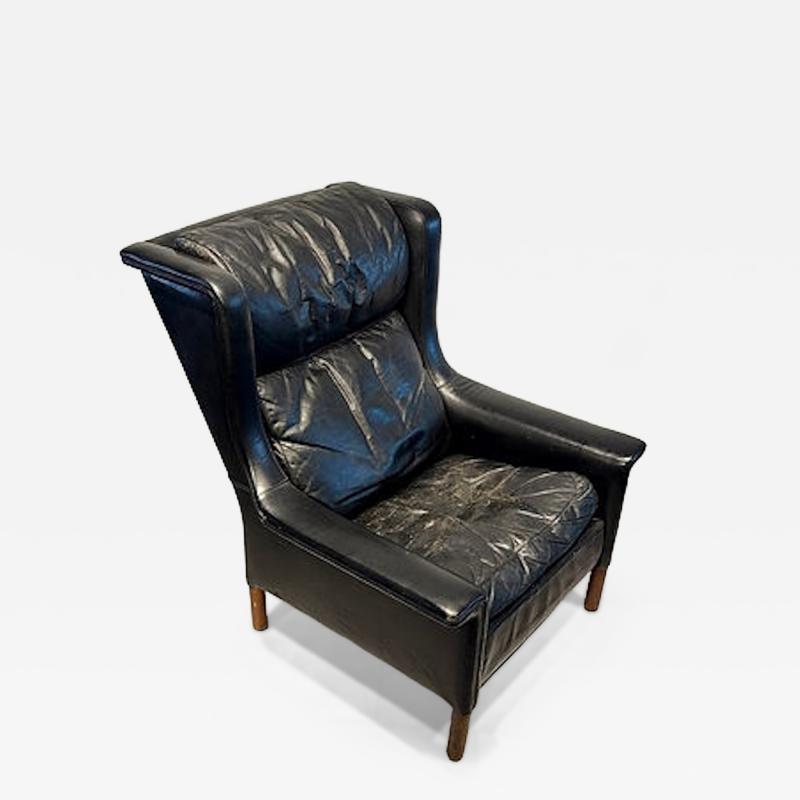 Gerhard Berg Rare Norwegian Modern Black Leather and Teak Wing Chair Gerhard Berg
