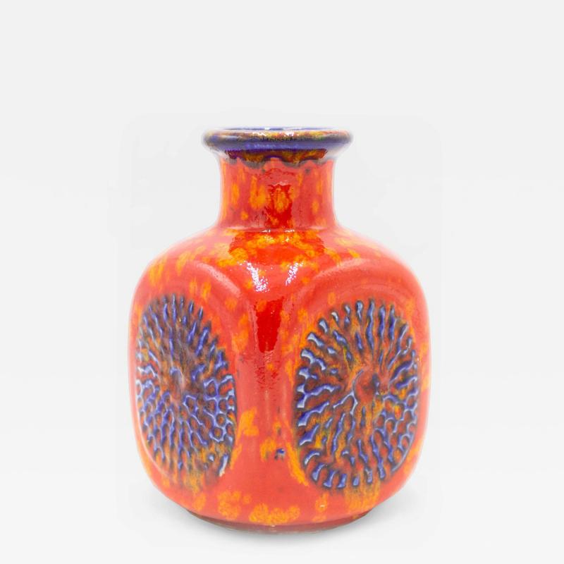 German Bay Keramic Orange Ceramic Vase with Blue Design