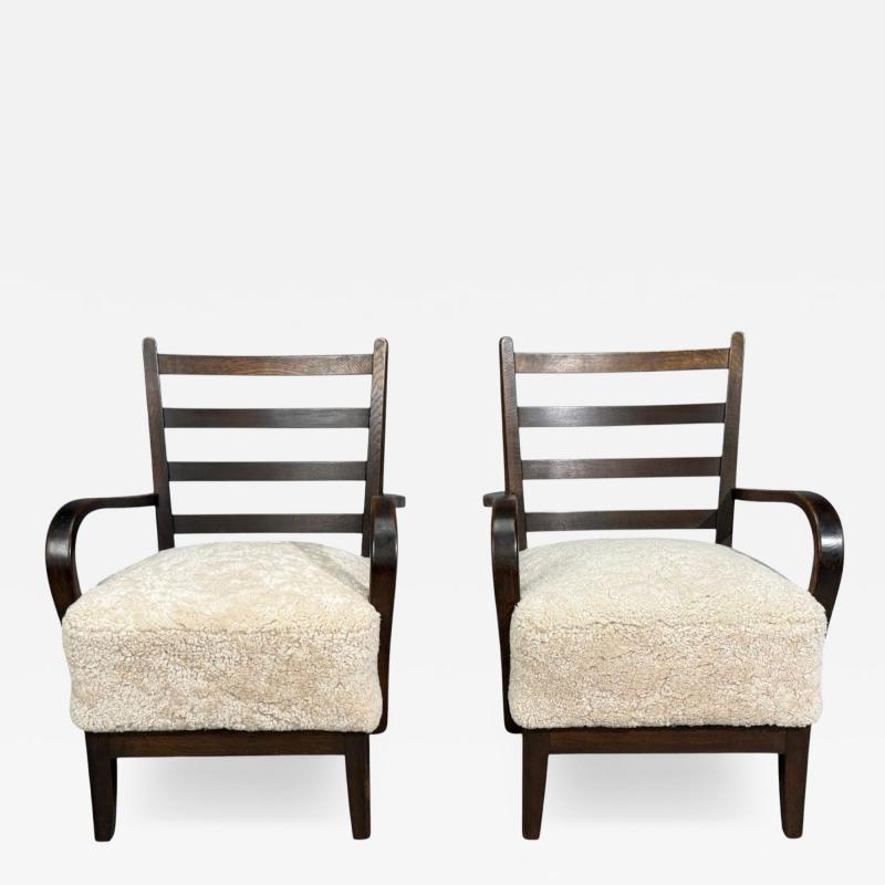 German Modern Lounge Chairs Oak Beige Shearling Germany 1940s