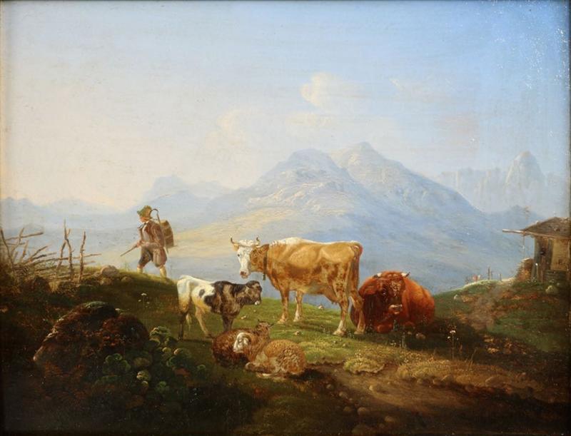 German School 19th Century Oil Painting of a Hiker in an Alpine Landscape