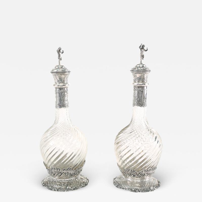 German Silver Mounted Cut Glass Pair Claret Jugs