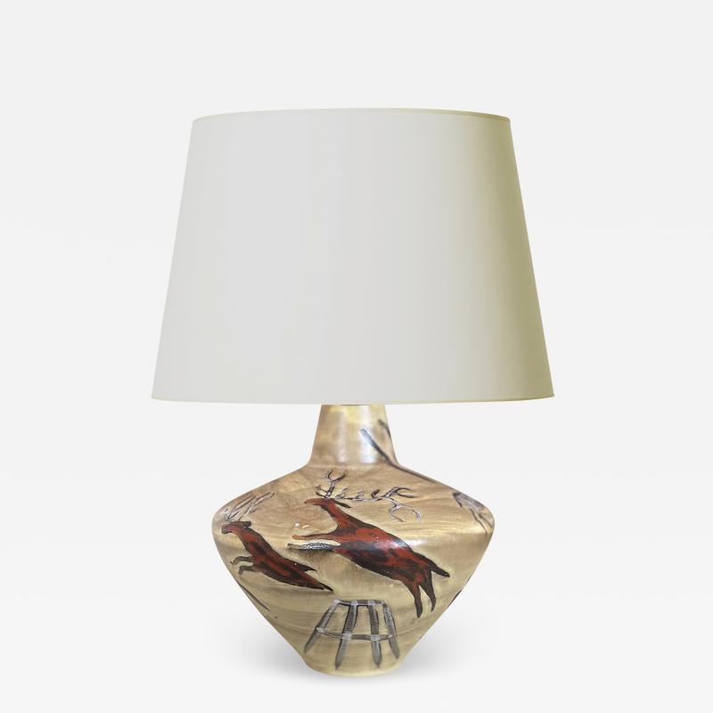 German Table Lamp with Hand Painted Cave Art Designs