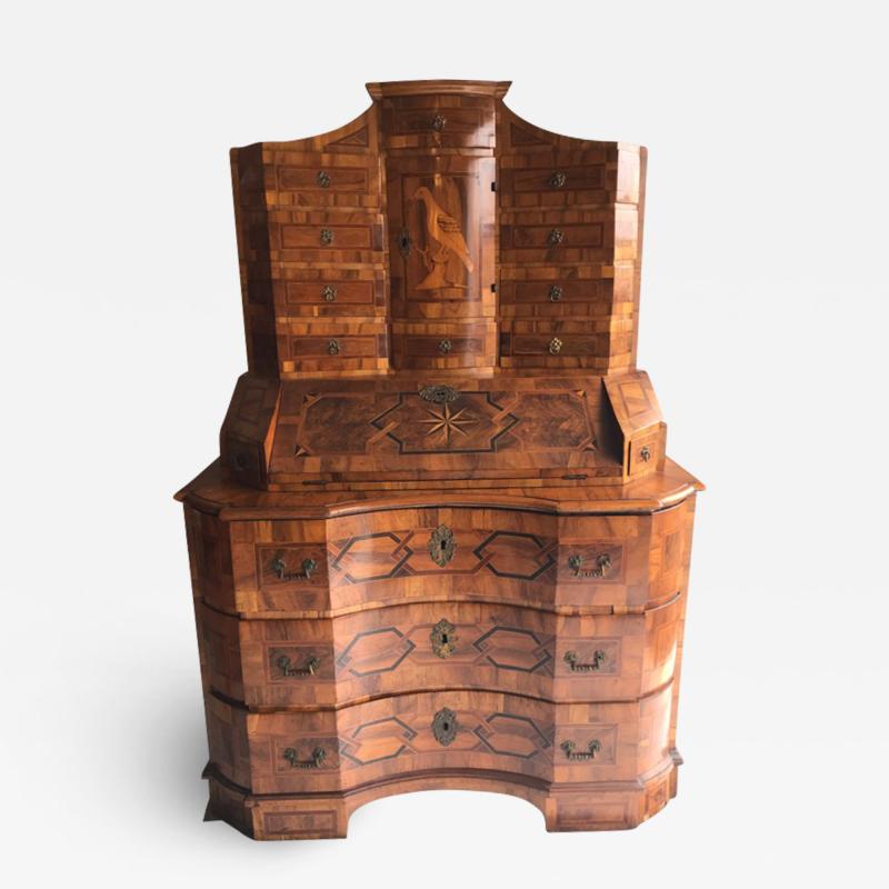 German baroque walnut and parquetry secretary