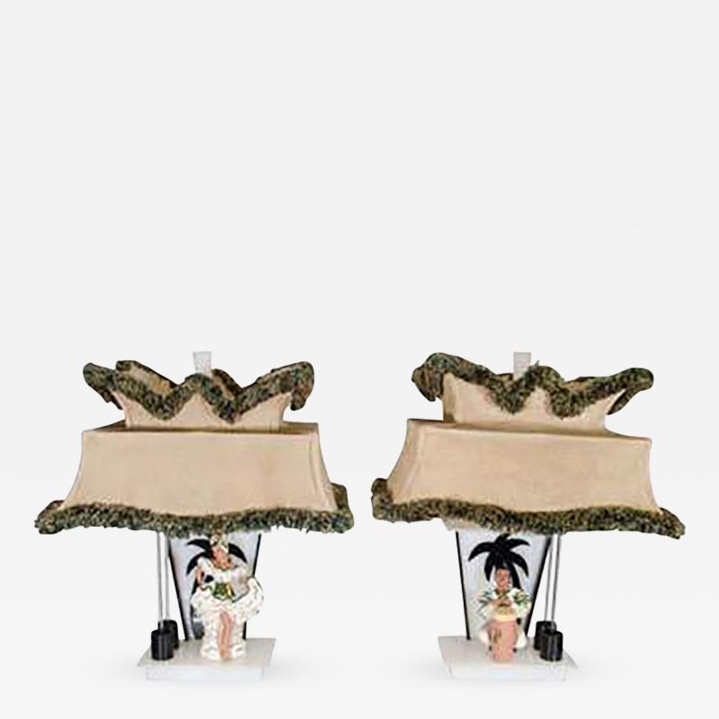 Gerry Moss Amazing Pair of Rare Moss Lamps with Ceramic Figures of Conga Player and Dancer