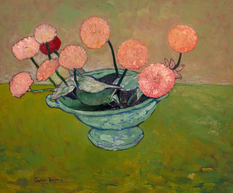 Gershon Benjamin Pink Zinnias in a Bowl 