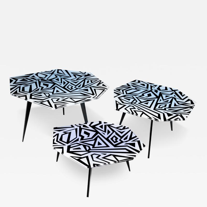 Ghir Studio Graffito Set of Three Coffee Tables Black and White by Ghir Studio