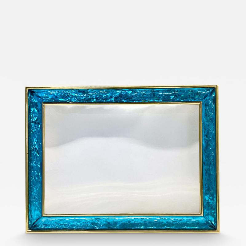 Ghir Studio Hand Sculpted Blue Glass Picture Frame with Polished Brass by Ghir Studio