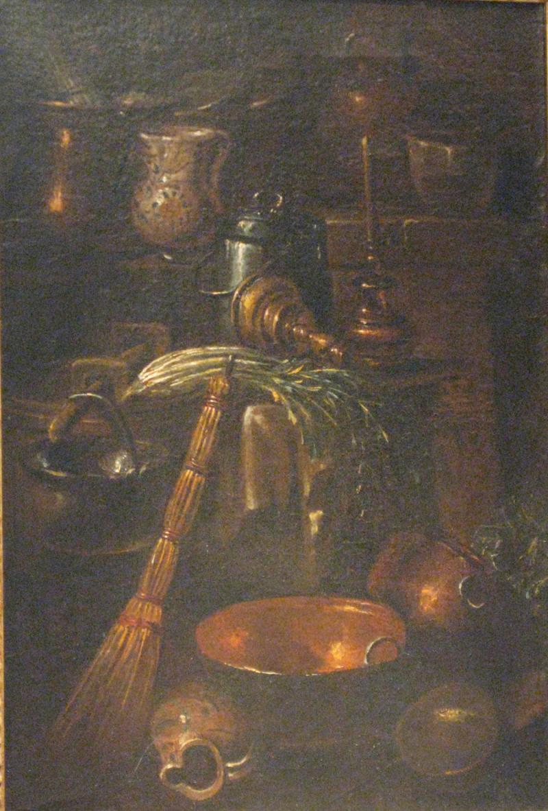 Gian Domenico Valentino Kitchen Still Life with Celery Ceramic Pots and Copper Cooking Utensils