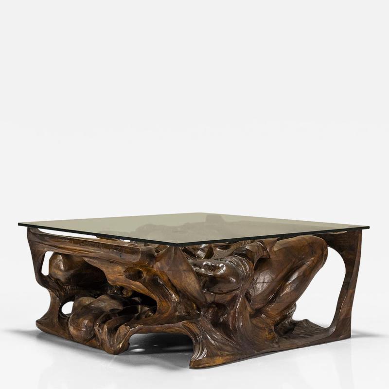 Gian Paulo Zaltron Sculptural Coffee Table in Wood and Glass by Gian Paulo Zaltron Italy 1973