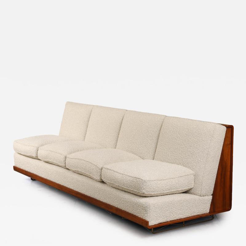 Giancarlo Pozzo Vintage Italian Walnut and Ivory Boucle Mid Century Sofa by Giancarlo Pozzo