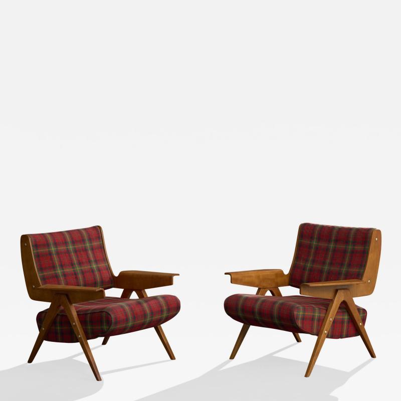 Gianfranco Frattini Lounge Chairs with Plywood and Fabric Italy 1950s
