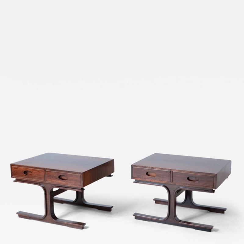Gianfranco Frattini Rare pair of coffee tables with curved wooden uprights and two drawers 