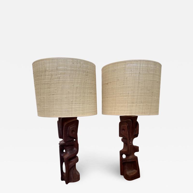 Gianni Pinna Pair of Wood Sculpture Lamps by Gianni Pinna Italy 1970s