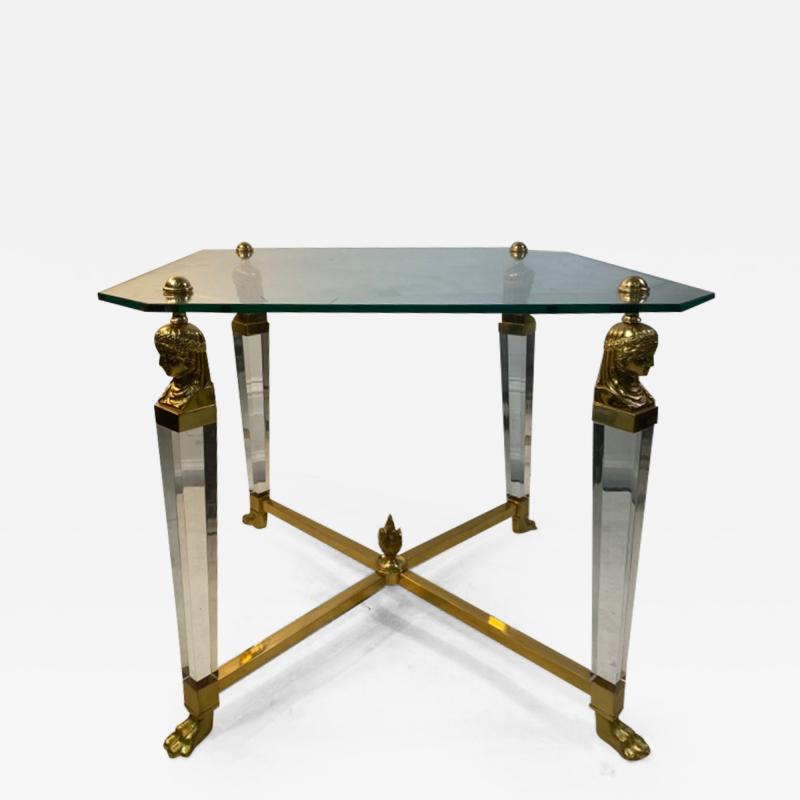 Gianni Versace MODERN NEO CLASSUCAL BRASS LUCITE AND GLASS TABLE IN THE MANNER OF VERSACE