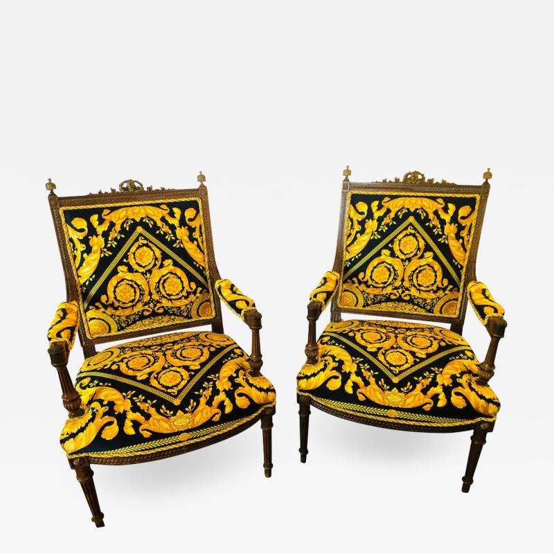 Gianni Versace Pair of 19th 20th Century Louis XVI Style Carved Armchairs