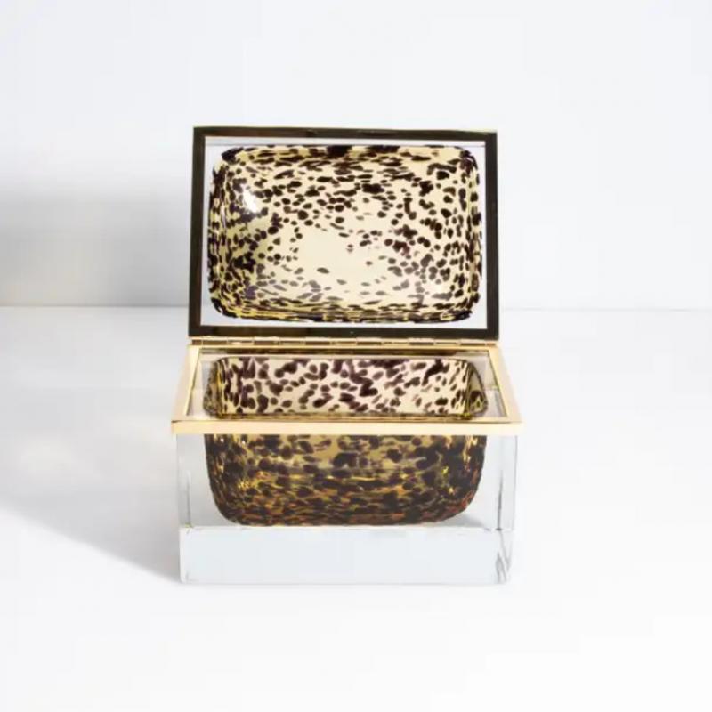 Giant Hand Blown Murano Glass Box Leopard with Brass Fittings