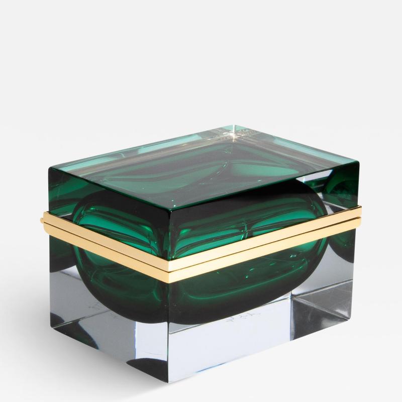 Giant Hand Blown Murano Glass Box in Emerald Green with Brass Fittings