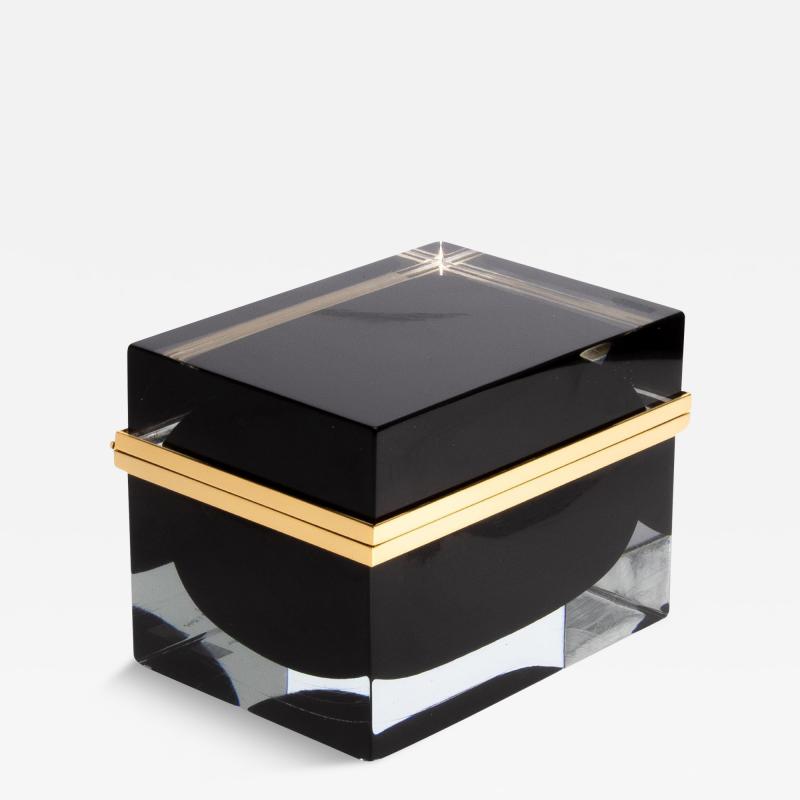 Giant Hand Blown Murano Glass Box in Onyx Black with Brass Fittings