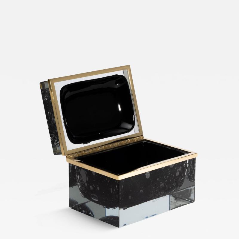 Giant Hand Blown Murano Glass Box in Onyx Black with Bubbles and Brass Fittings