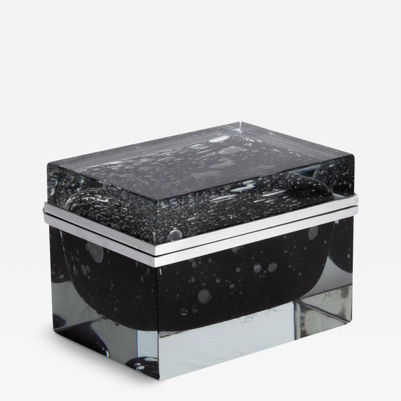 Giant Hand Blown Murano Glass Box in Onyx Black with Bubbles and Chrome Fittings