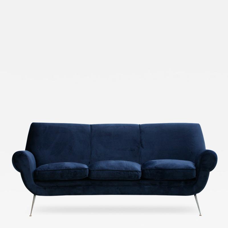 Gigi Radice Gigi Radice Mid Century Modern Midnight Blue Cotton Velvet Curved Italian Sofa