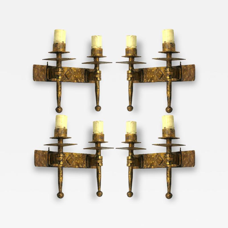 Gilbert Poillerat 4 French Midcentury Modern Neoclassical Gilt Iron Sconces Gilbert Poillerat