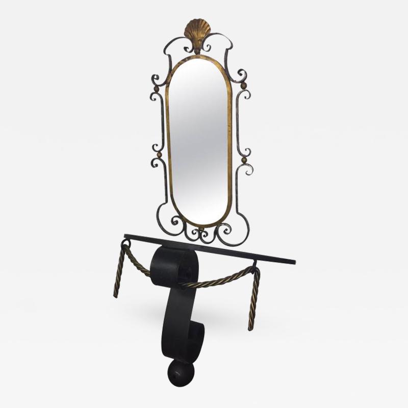 Gilbert Poillerat Black and Gold Iron Mirror and Wall Console in the Manner of Gilbert Poillerat