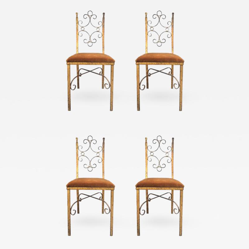 Gilbert Poillerat Four French Wrought Iron Gold Gilt Chairs Manner of Gilbert Poillerat