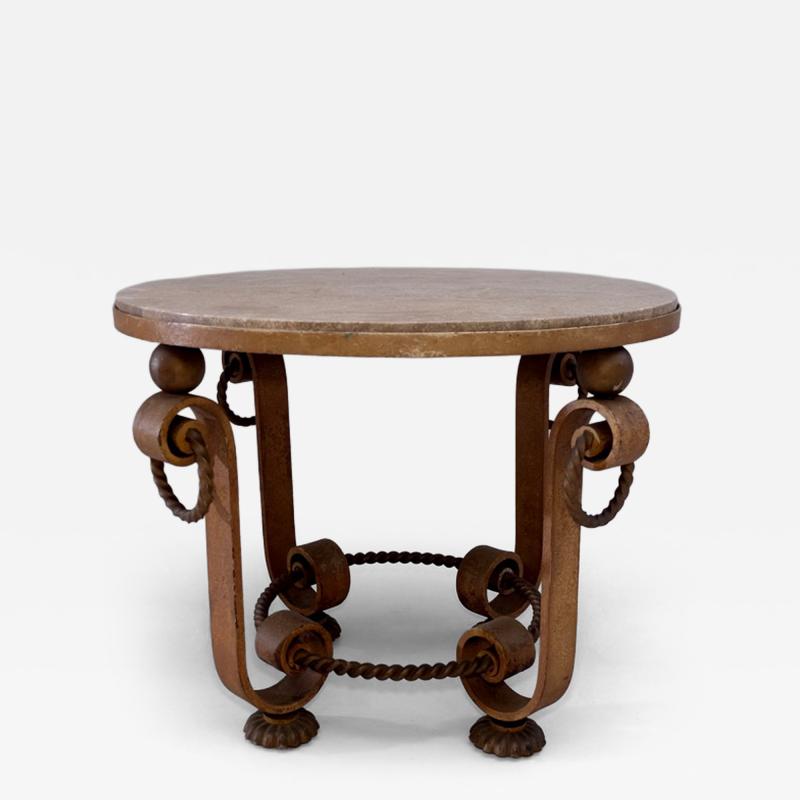 Gilbert Poillerat Heavy wrought iron side table ith marble inset