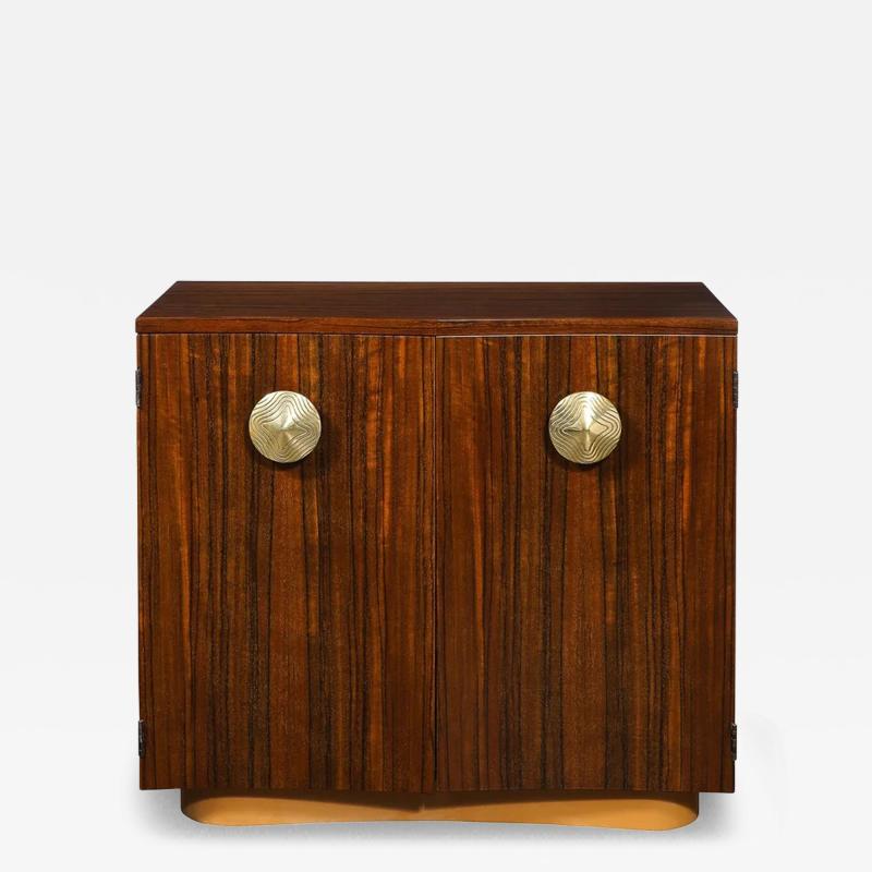 Gilbert Rohde Art Deco Brass Pulls Leather Wrapped Base Paldao Wood Cabinet by Gilbert Rohde