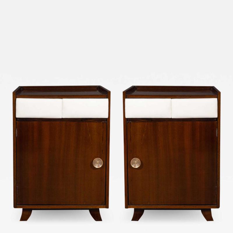 Gilbert Rohde Pair of Art Deco Bookmatched Mahogany and Leather Nightstands by Gilbert Rohde