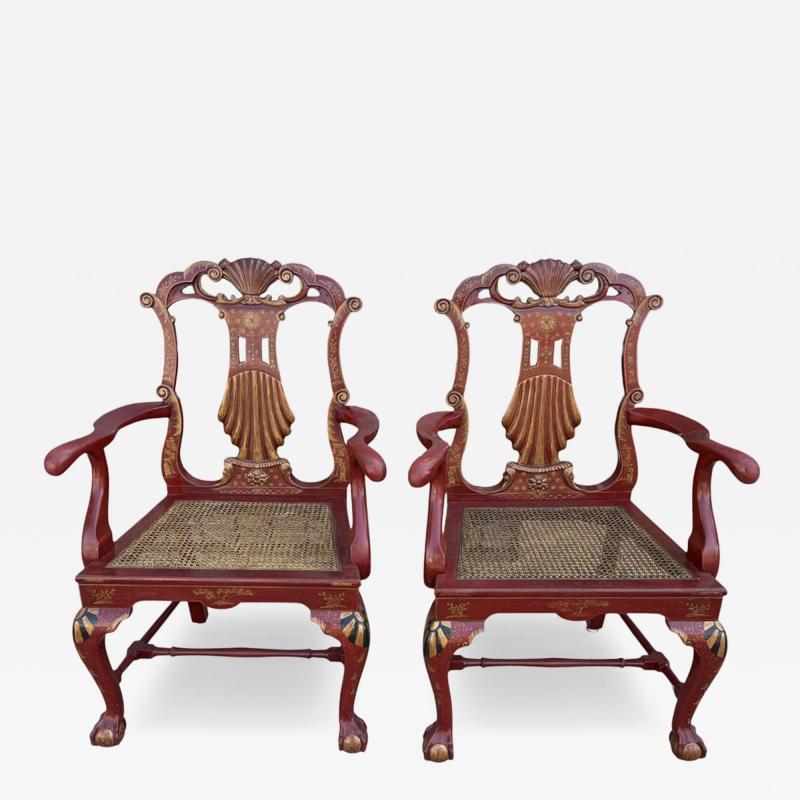 Giles Grendey 18c Style Giles Grendey Inspired Burton Ching Red Chinoiserie Arm Chairs
