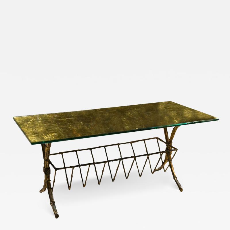 Gilt Brass Gold Leaf Gold Leaf Glass Top Coffee Table With Magazine Shelf